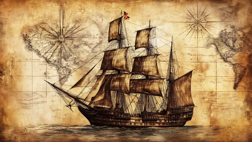 Tall ship sails before antique world map and compass roses.