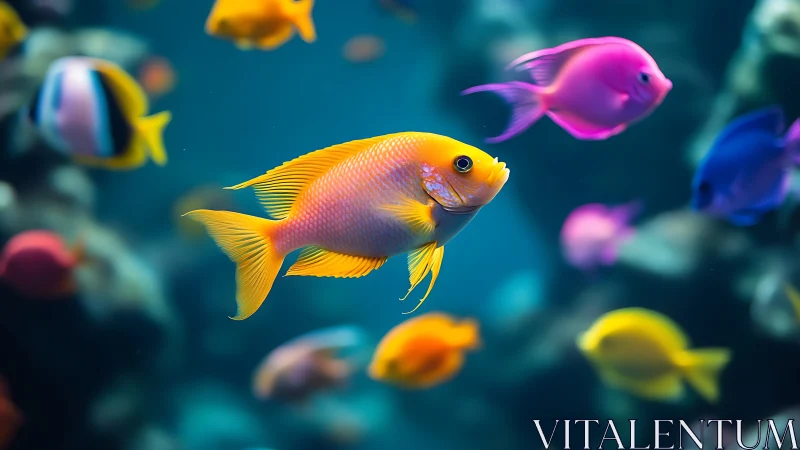 Golden reef fish glides through vivid tropical school.
