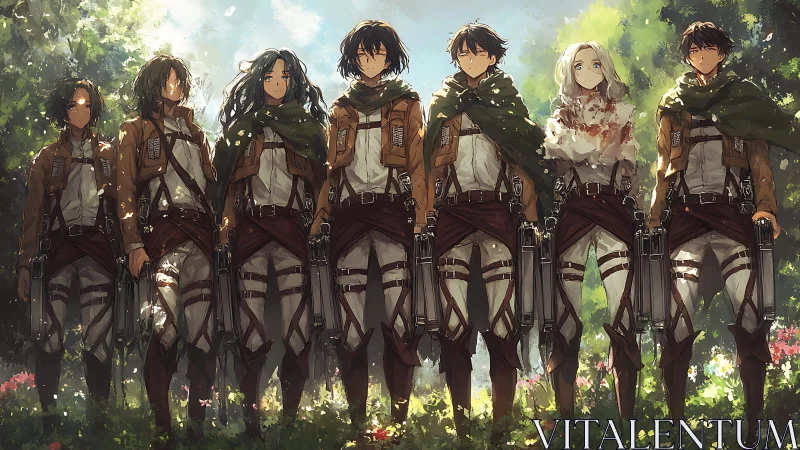 Anime scout squad standing in sunlit forest clearing.