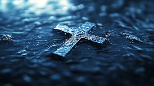 Silver cross drifts through midnight water in quiet shimmer