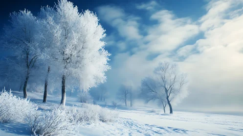 Frost-kissed trees drift through a dream-bright winter silence.