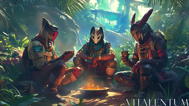 Cyber-tribal warriors encircling campfire in lush jungle tableau.