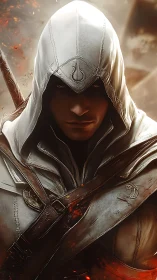 Hooded assassin stands in glowing embers with crossed blades