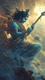Divine blue deity rising through stormlit cosmic seas.