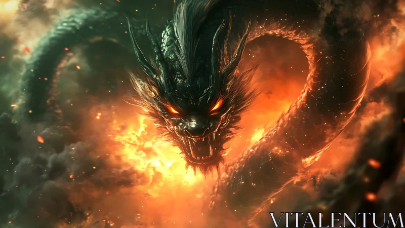 Volumetric-lit serpentine dragon head emerges from fiery vortex