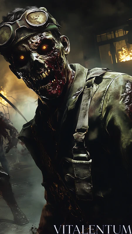 Rendered undead soldier figure stands in damaged interior