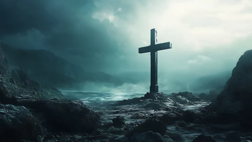Solitary cross on storm-lashed shore under teal tempest sky.