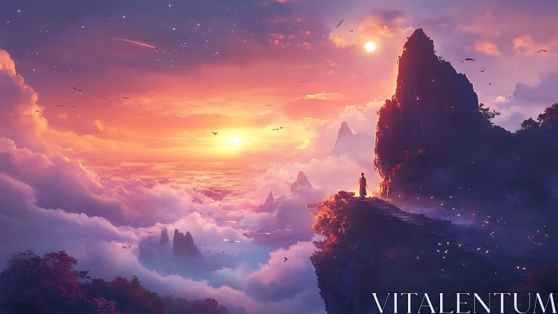 Solitary figure above clouds under vivid fantasy sunset.