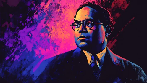 Portrait of a suited man rendered in high-contrast neon colors