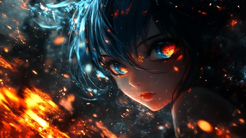 Blue-haired figure amid fiery particles and glowing embers.