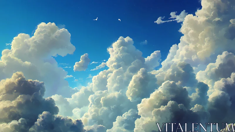 Towering cumulus clouds rise into deep blue daytime sky