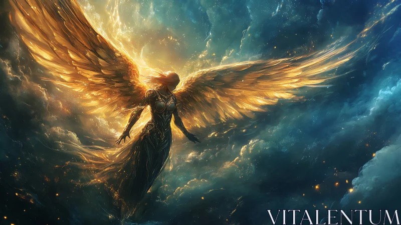 Winged humanoid figure is rendered within luminous cloudscape