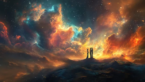 Cosmic shoreline tableau with silhouetted figures in nebular glow.