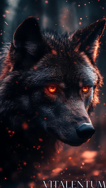 Fiery eyed wolf in dark forest with drifting embers.