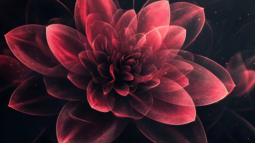 Red digital flower with layered translucent petals on black.