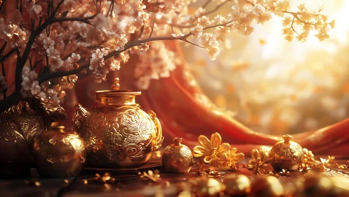 Golden ornamental teapots with blossoms in warm backlight.