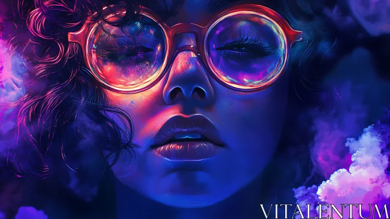 Close-up neon portrait with reflective round glasses in vapor.