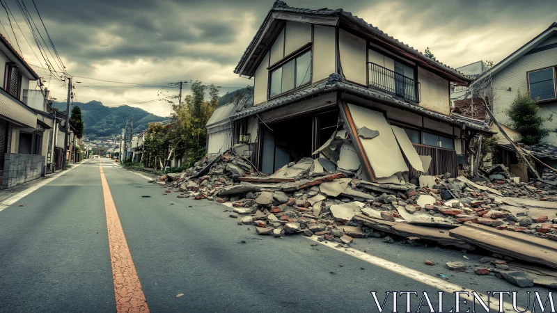 Quiet street after quake, a tilted house frozen in collapse.