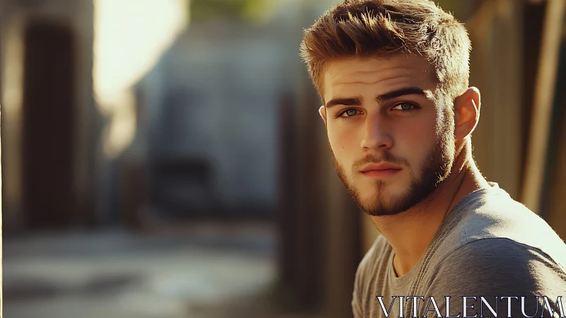 Shallow-depth portrait of bearded man in warm directional sunlight