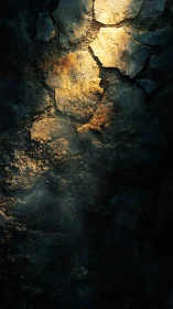 Textured cracked surface with warm light on dark ground.
