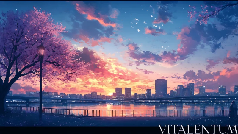 Gentle sunset city skyline glows beside a quiet riverside walk