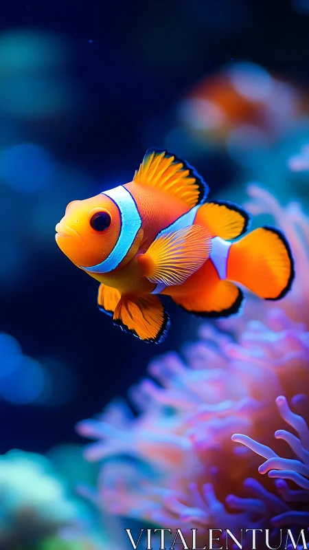 Vibrant clownfish glides above anemone in saturated bokeh seascape