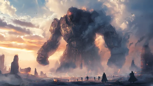 Colossal mechanical figure advances through ruined cityscape