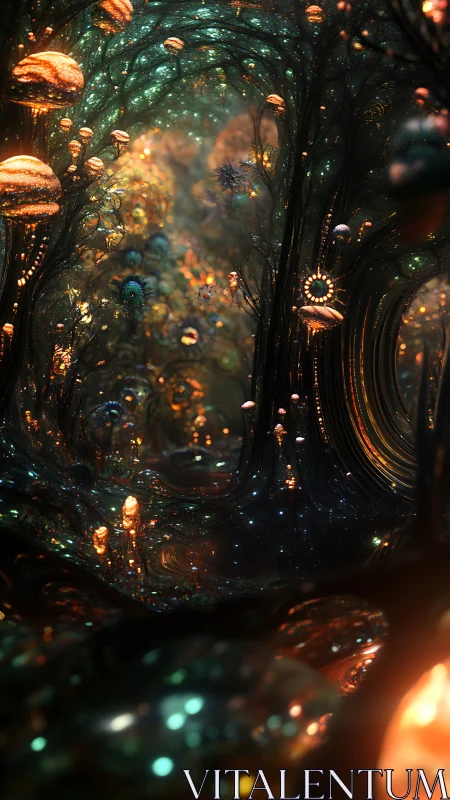 Luminous alien forest glows with floating bioluminescent spores