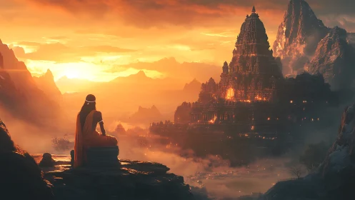 Solitary sage watches a blazing temple at molten sunrise