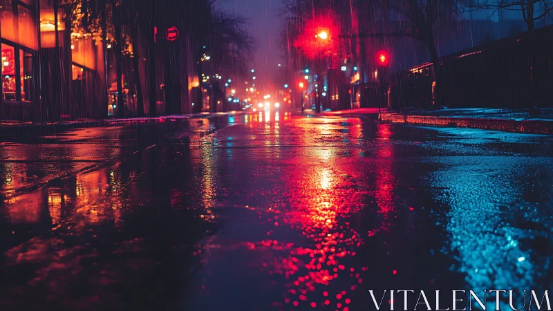 Neon rainlit city street glowing with midnight reflections.