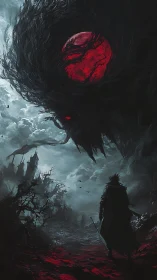 Dark wanderer under blood moon and shadow beast.