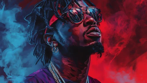 Stylized portrait of man in red-blue smoke with reflective glasses