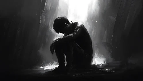 Seated figure in monochrome environment with high contrast light.