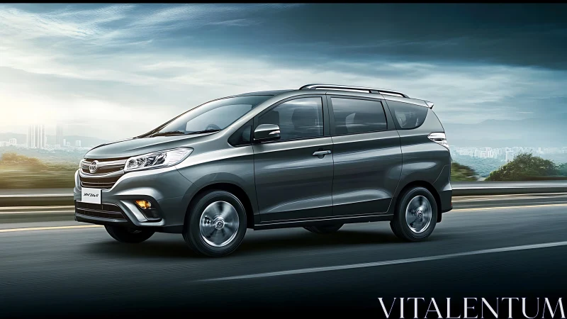 Grey multi-purpose vehicle driving on highway at speed.