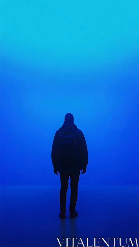 Backpack drifter bathing in neon blue horizon hush.