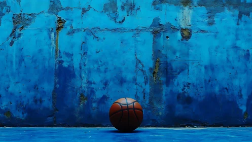 Lonely streetball drifter against bruised electric blue wall.