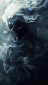 Smoke-born reaper skull swirling from spectral darkness.