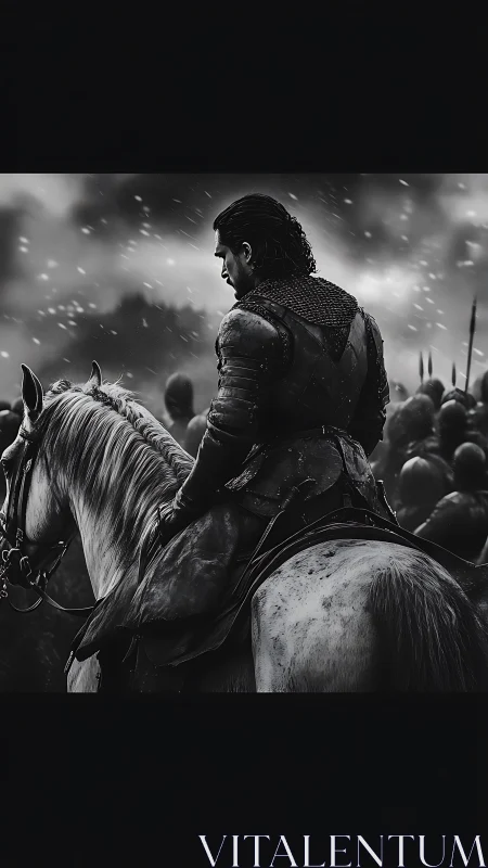 Monochrome mounted warrior in cinematic battle composition.