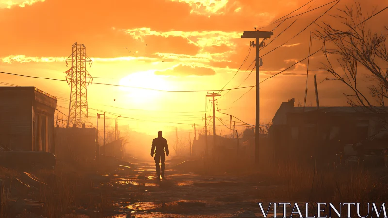 Backlit wanderer traversing derelict utility corridor at dusk.