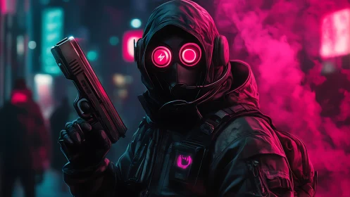 Hooded masked figure holds handgun in neon pink city haze