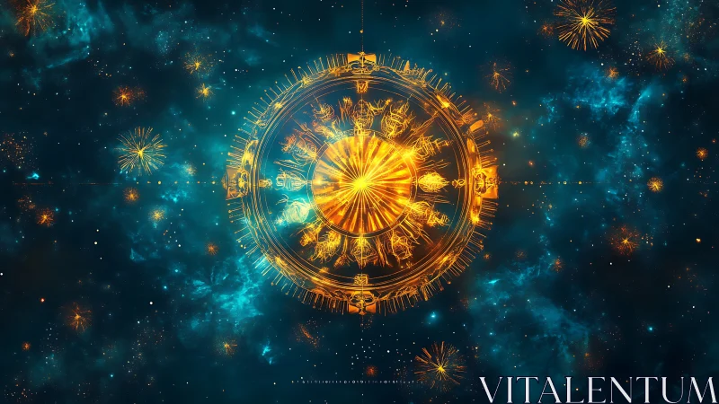 Circular golden zodiac schematic is displayed over starfield