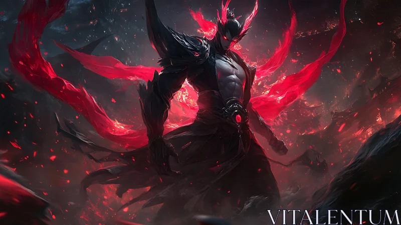 Dark infernal warrior in dynamic red energy composition.