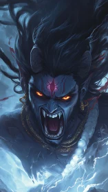 Demonic blue-skinned warlord roars amid stormlit ether