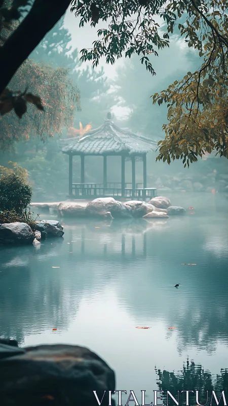 Mist-draped lakeside pavilion cradled in tranquil garden hush.