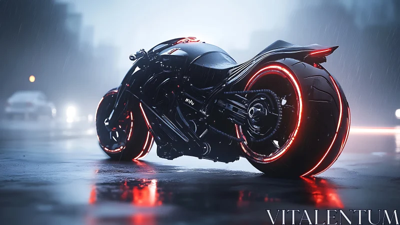 Futuristic neon motorcycle on wet cyberpunk city street.