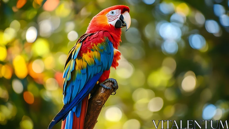 Vibrant Scarlet Macaw on Branch in Sunlit Nature Photography.