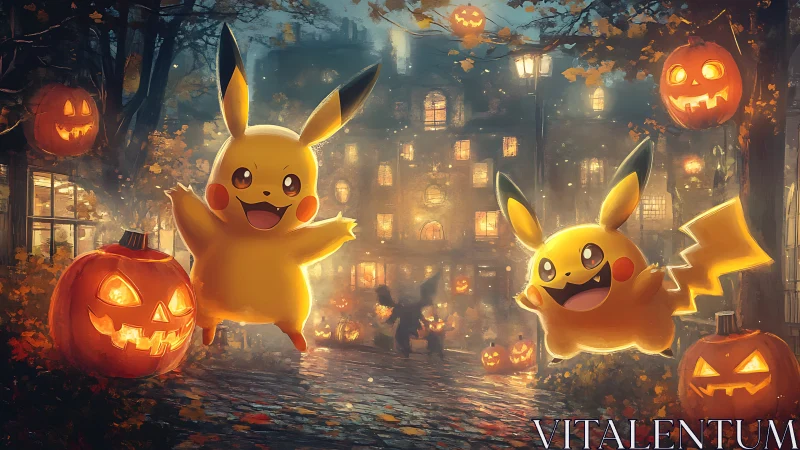 Pikachu celebrates Halloween in a glowing jack-o&rsquo;-lantern street.