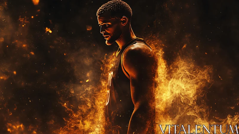 Basketball player silhouette burns within dynamic orange flames.