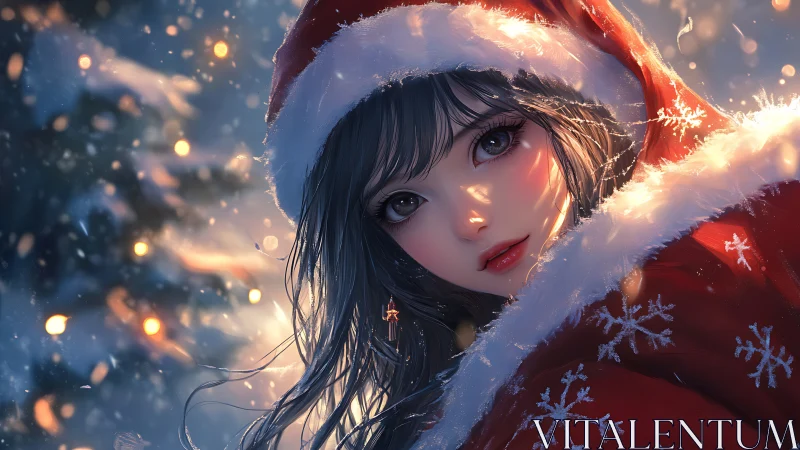 Snowlit holiday girl wrapped in ember-bright winter wonder.