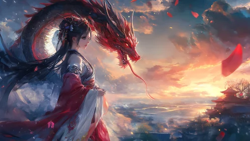 Dragon guardian and warrior princess watch a burning sky